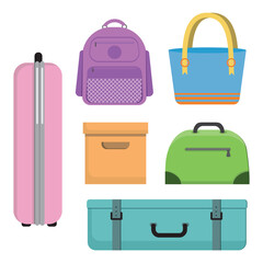Color plastic travel bag with different travel elements vector illustration. Travel concept