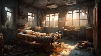Interior of abandoned hospital after post-apocalyptic. - obrazy, fototapety, plakaty