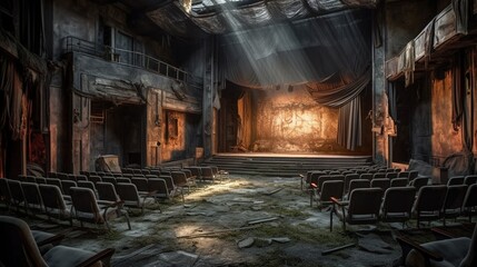 A post-apocalyptic ruined theater. The concept of the apocalypse. - obrazy, fototapety, plakaty
