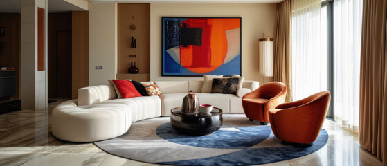 Cozy living room home interior design. Modern light house or apartment room with comfortable sofa, luxury stylish trendy couch and livingroom decor background. Living room furniture store concept .