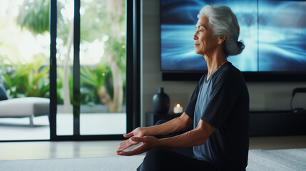 A serene elderly woman engages in a guided meditation with the aid of an AI virtual assistant displayed on a large screen in her modern living room - obrazy, fototapety, plakaty