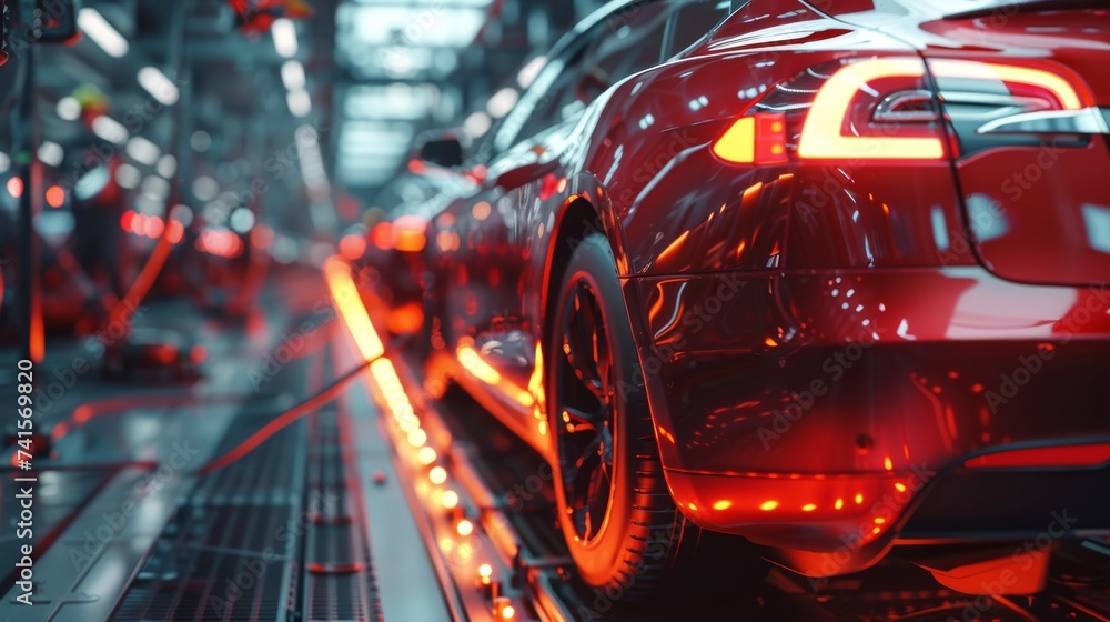 Poster a high-end sports car on an automated assembly line with precision industrial robots in a modern man