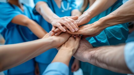 A top-down view of diverse healthcare professionals placing their hands together in a gesture of unity and teamwork. Elevated View Of Doctors Stacking Hands. AI - obrazy, fototapety, plakaty