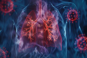 X-ray images of lungs and body Illustration with red virus, science blue background concept lung disease virus cancer scientific illustration