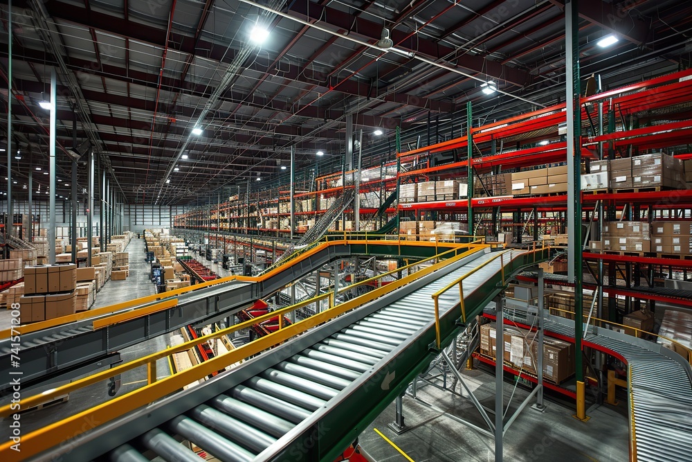 Aufkleber efficient logistics hub with crates, conveyor belts, and precision sorting systems