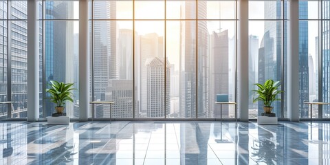 Discover the allure of a modern luxury office located in downtown, where big windows frame the dynamic cityscape, surrounded by tall skyscrapers