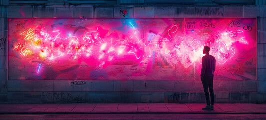 A person is silhouetted against a vibrant graffiti wall illuminated by neon lights, encapsulating urban vibes and street art aesthetics.