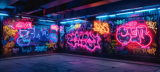 A vibrant display of graffiti art illuminated by neon lights, showcasing a mix of colorful tags and designs, embodying the essence of urban street vibes.