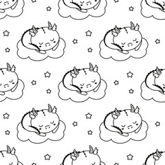 cute seamless pattern with sleeping dragon, cloud and stars, outline vector illustration, creative childish background for fabric