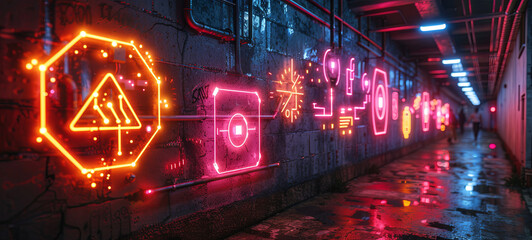 A dark, wet alley illuminated by vibrant neon graffiti art, showcasing a mix of symbols and shapes, exuding an urban cyberpunk vibe.