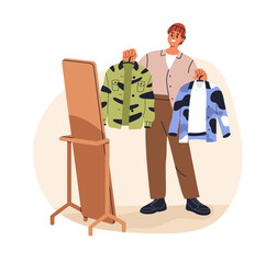 Stylish young man choosing outfit, holding shirts. Fashion stylist deciding what to wear, making choice of apparel, clothes in front of mirror. Flat vector illustration isolated on white background - 741572011