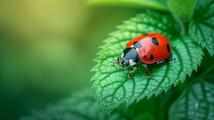 A close-up photo of a solitary ladybug exploring the surface of a lush green leaf.