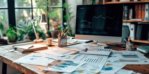 Market Insights Base: Financial Analyst's Desk Overflowing with Cluttered Stock Reports, Financial Statements, and In-Depth Market Analysis Documents.