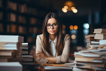 Exhausted female student with glasses sitting among countless books in a library