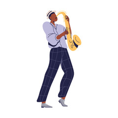 Musician playing saxophone. Black jazz man, music player performing solo, holding sax, brass instrument. African jazzman saxophonist performance. Flat vector illustration isolated on white background - 741572243