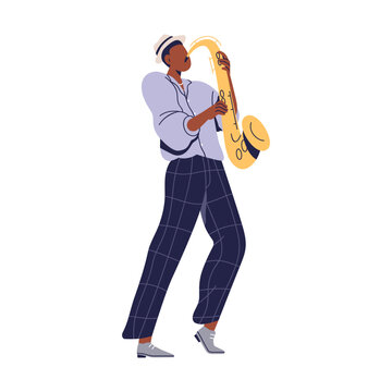 Musician playing saxophone. Black jazz man, music player performing solo, holding sax, brass instrument. African jazzman saxophonist performance. Flat vector illustration isolated on white background