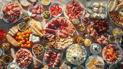 Appetizers table with different antipasti, charcuterie, snacks, cheese. Finger food for buffet party. Traditional french or italian entires. Top view