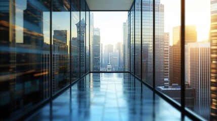 Discover the allure of a defocused modern luxury office, where tall glass windows capture the essence of a vibrant cityscape, surrounded by towering skyscrapers