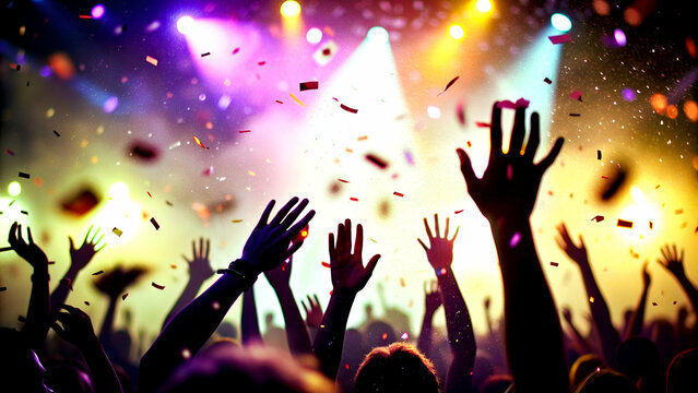 Plano detalle de manos en un concierto. Público con manos arriba en una fiesta. Personas eufóricas en un concierto con confeti.