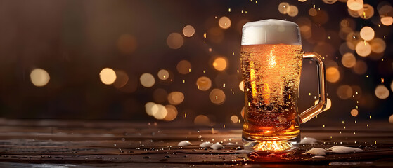 Glass of beer and champagne on table with foam and froth, isolated on gold background