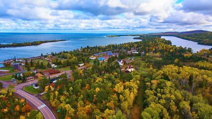 Aerial Autumn Village by Lake Superior