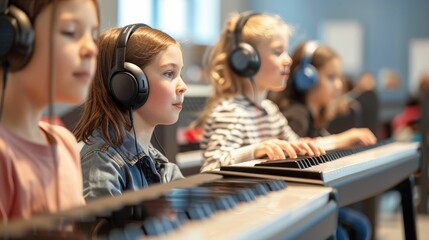 Diverse group of focused children wearing headphones and practicing piano in a bright music classroom.
 - Powered by Adobe