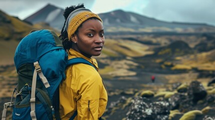 African American Woman hiking in black Volcano surface