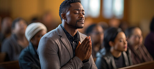 African American man praying in church - obrazy, fototapety, plakaty