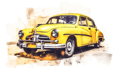A nostalgic watercolor sketch of a retro car with yellow gray lines, evoking vintage charm and...
