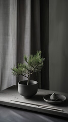 Pine tree in a pot on the windowsill. Black and white