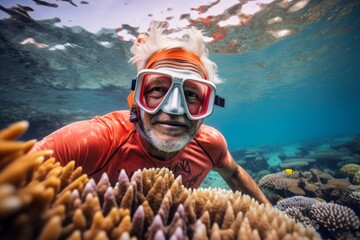 Senior man in orange swimming suit and mask over coral reef underwater.