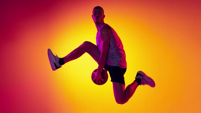 Dynamic collage made of people, athletes of different age, gender, various kind of sports in motion over multicolored background in neon light. Concept of professional sport, action, competition