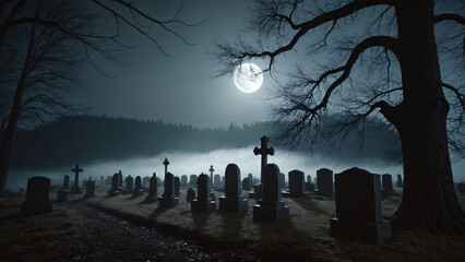 Halloween cemetery at night with full moon in the sky. Halloween concept