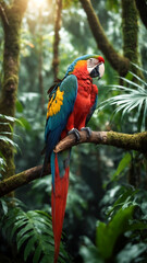Obraz premium Beautiful scarlet macaw sitting on a branch in the rainforest