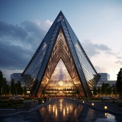 A pyramidshaped building with many windows lights up the night sky