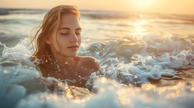 A young woman is swimming and surfing in the ocean. The woman wearing a bikini. The waves small, The woman in the foreground with the ocean in the background.