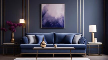 An elegant navy blue sofa in the middle of a bright living room interior with gold metal side tables