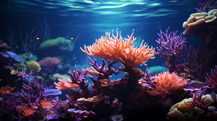 Beautiful undersea tropical fluorescent sea anemone on deep sea coral reef