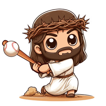 cartoon Jesus swinging a bat hitting a baseball