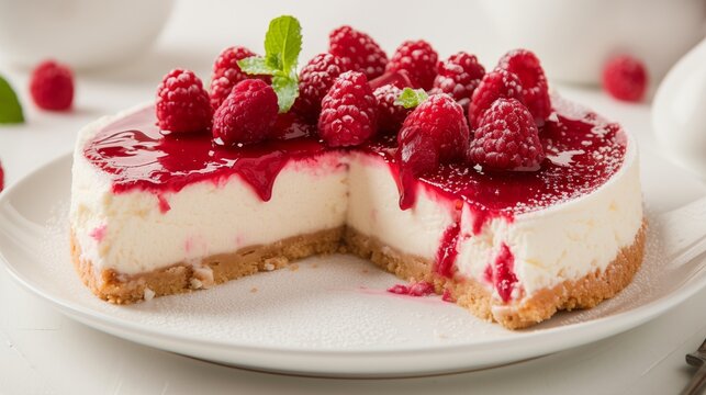 Experience the luscious delight of cheesecake served with vibrant raspberries and a drizzle of syrup, enhancing the deliciousness and freshness for a truly satisfying and refreshing treat.