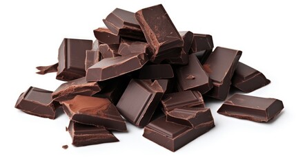 Dark Chocolate Pieces. Broken Pieces of Sweet Dark Chocolate on Isolated White Background 