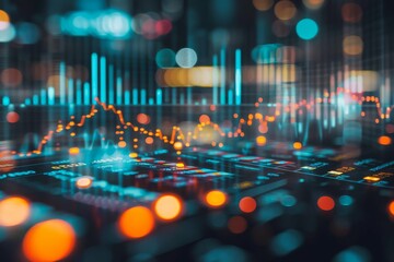 Abstract financial data visualization with glowing graphs and stock market numbers on a dark background.