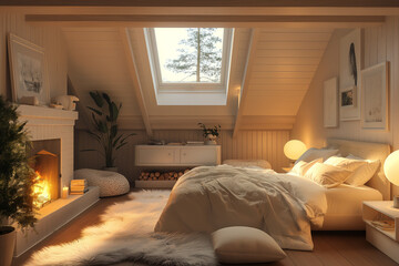 A Scandinavian bedroom with a platform bed, a fur rug, a fireplace, and a skylight.