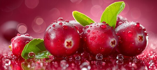 Vivid close up of ripe red cranberries with textured detail and leaves in natural setting