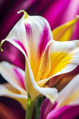 Close up of purple and yellow calla flowers