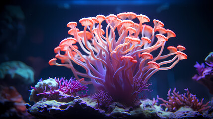 Obraz premium Beautiful undersea tropical fluorescent sea anemone on deep sea coral reef