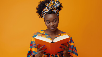 African woman in traditional attire reading a book - obrazy, fototapety, plakaty