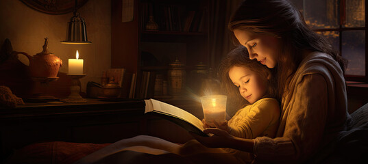 Family before going to bed mother reads to her child a book near a lamp - obrazy, fototapety, plakaty