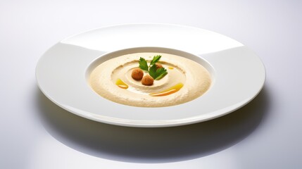 Elegant Plate of Classic Hummus Garnished With Parsley and Chickpeas