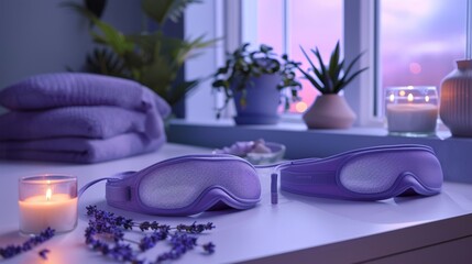 Healthy sleep concept. silk Sleep masks, Calming spa music, Lavender bouquet, lavender scent for deep rest and candle on silk background. AI